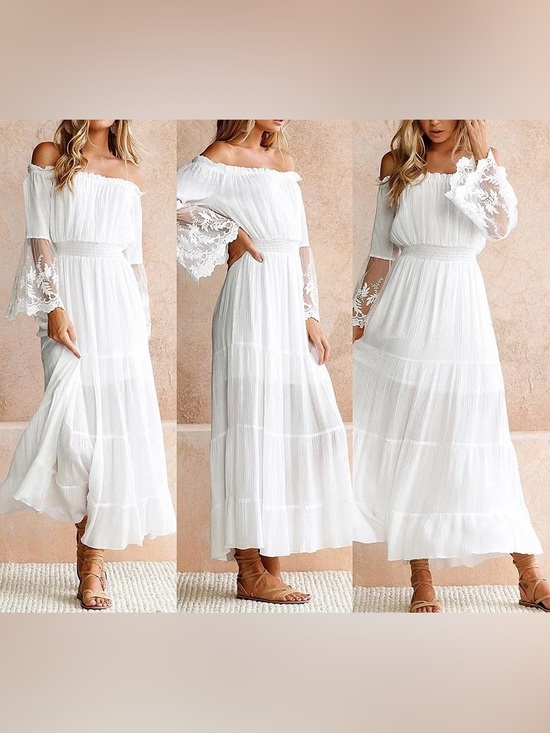 Dresses & Skirts - Boho White Off-Shoulder Maxi Dress Sheer Lace Bell Sleeve Tiered Size XL NWOT